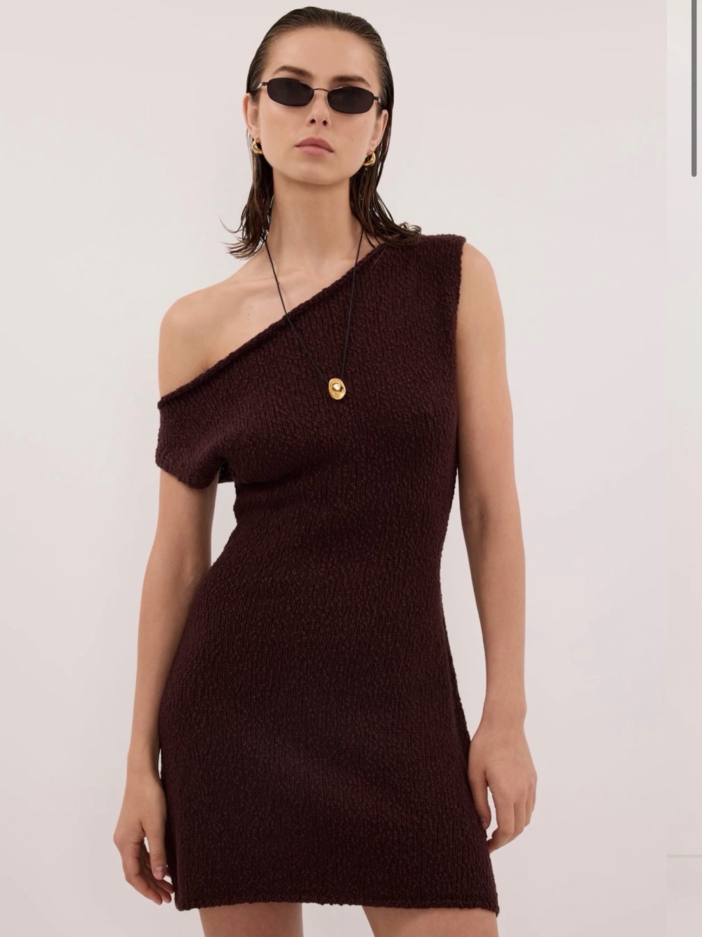DISSH One-Shoulder Mini Dress in Chocolate Brown